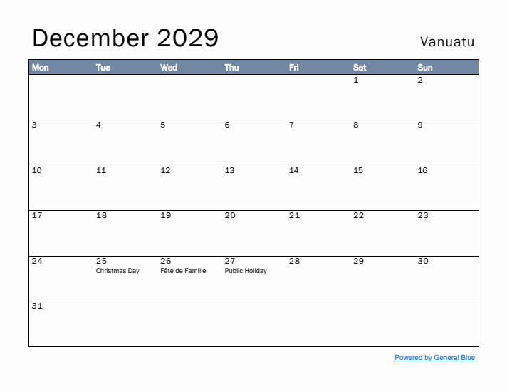 December 2029 Simple Monthly Calendar for Vanuatu