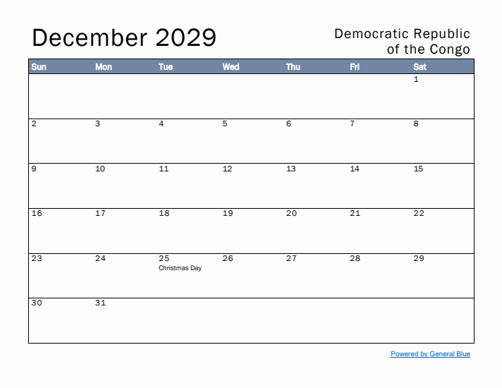December 2029 Simple Monthly Calendar for Democratic Republic of the Congo