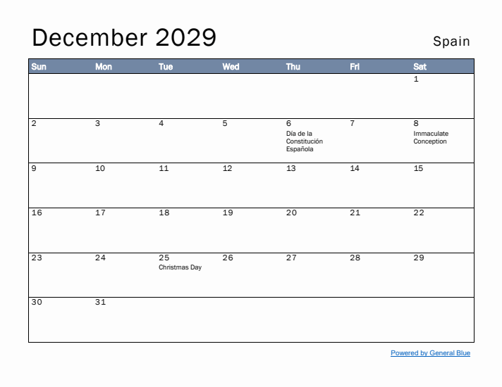 December 2029 Simple Monthly Calendar for Spain