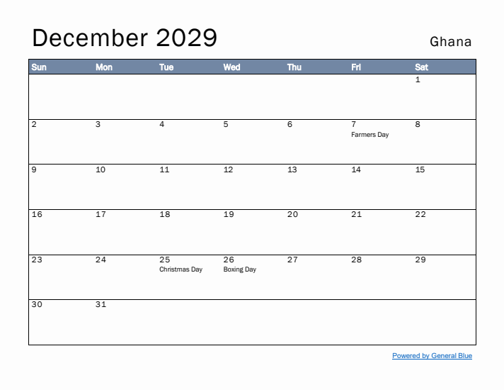December 2029 Simple Monthly Calendar for Ghana