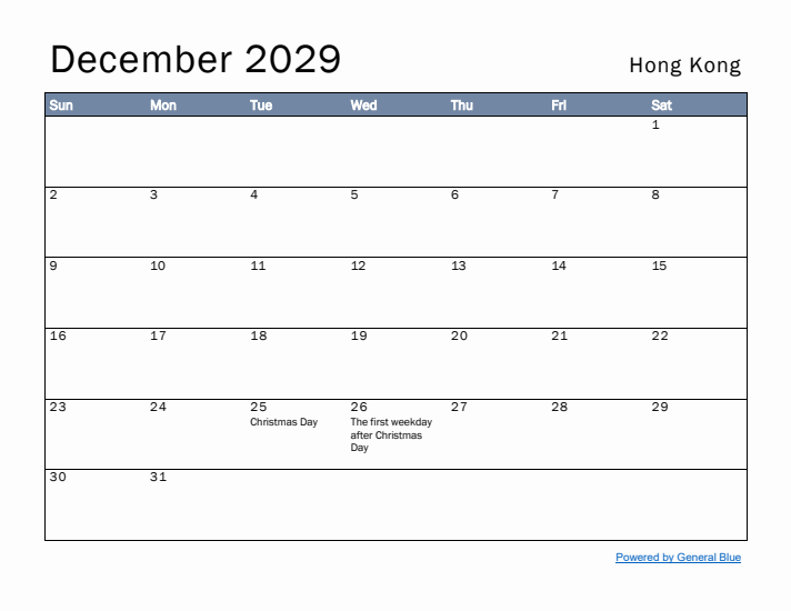 December 2029 Simple Monthly Calendar for Hong Kong