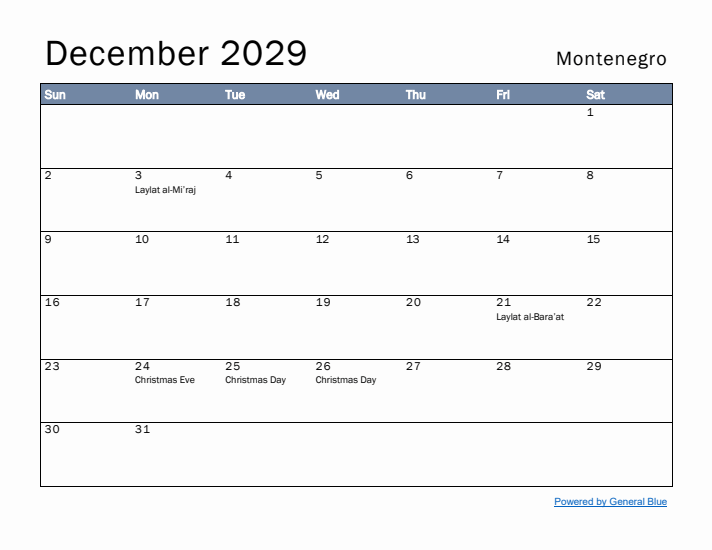 December 2029 Simple Monthly Calendar for Montenegro