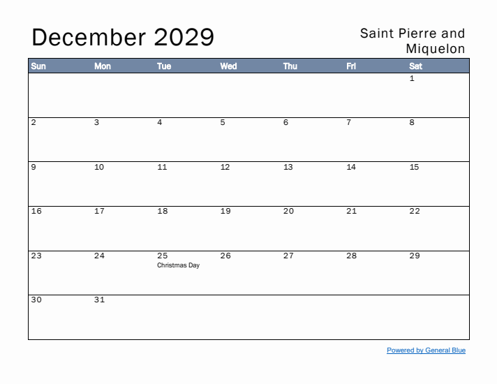 December 2029 Simple Monthly Calendar for Saint Pierre and Miquelon