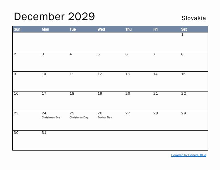 December 2029 Simple Monthly Calendar for Slovakia