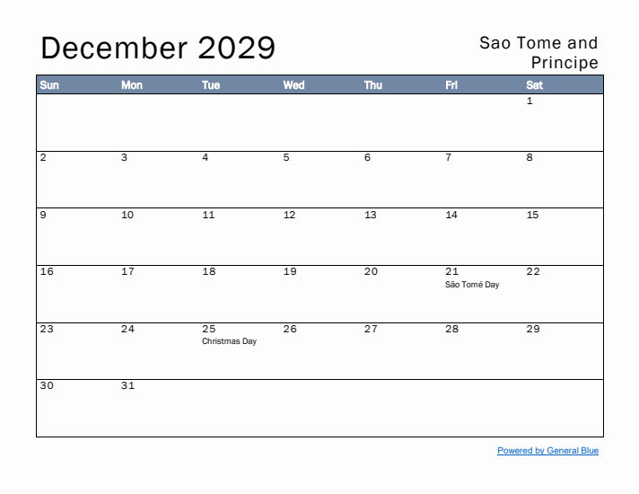 December 2029 Simple Monthly Calendar for Sao Tome and Principe
