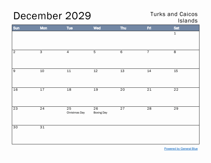 December 2029 Simple Monthly Calendar for Turks and Caicos Islands