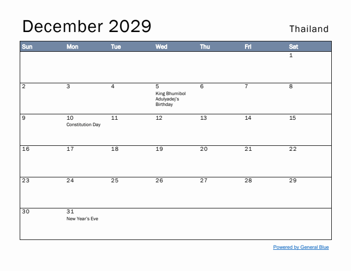 December 2029 Simple Monthly Calendar for Thailand