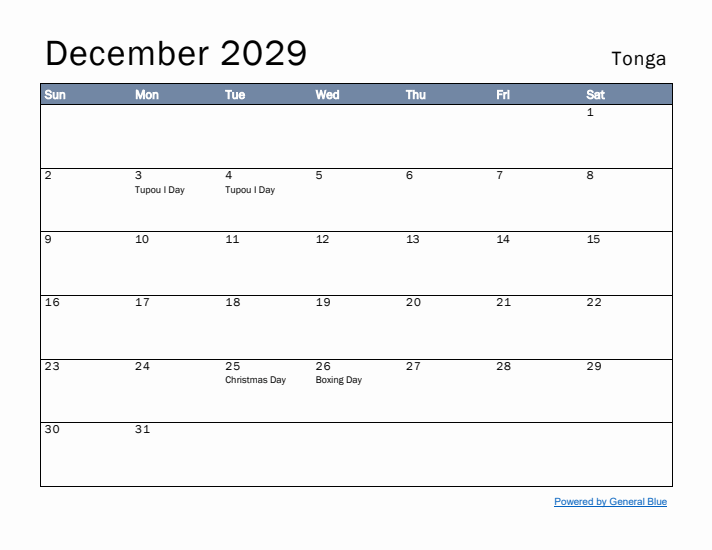 December 2029 Simple Monthly Calendar for Tonga
