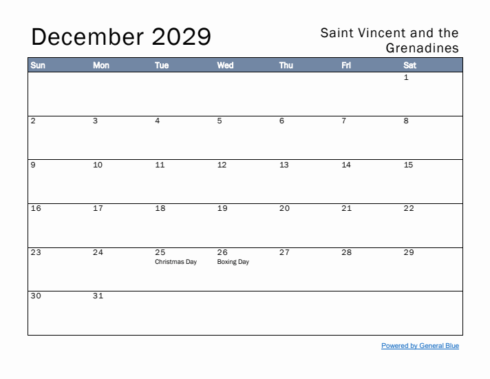 December 2029 Simple Monthly Calendar for Saint Vincent and the Grenadines