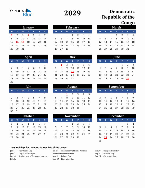 2029 Democratic Republic of the Congo Holiday Calendar