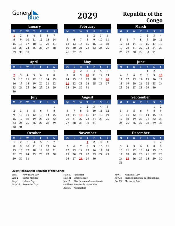 2029 Republic of the Congo Holiday Calendar