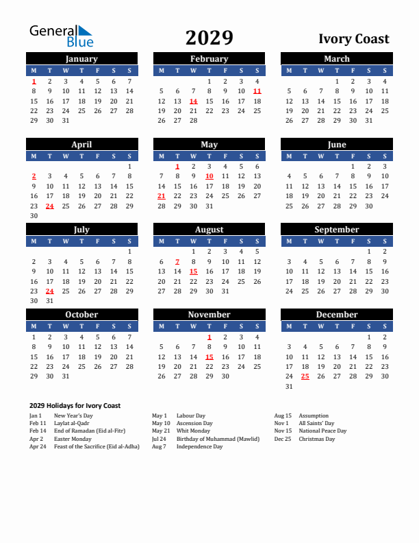 2029 Ivory Coast Holiday Calendar
