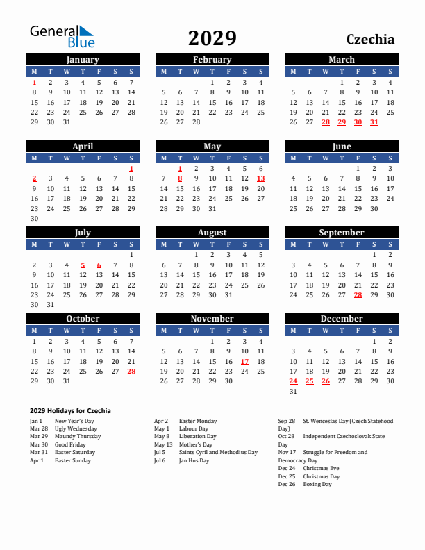 2029 Czechia Holiday Calendar