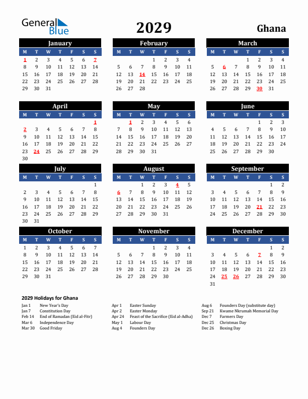 2029 Ghana Holiday Calendar