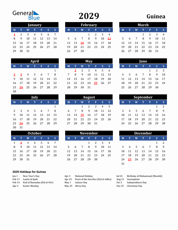 2029 Guinea Holiday Calendar