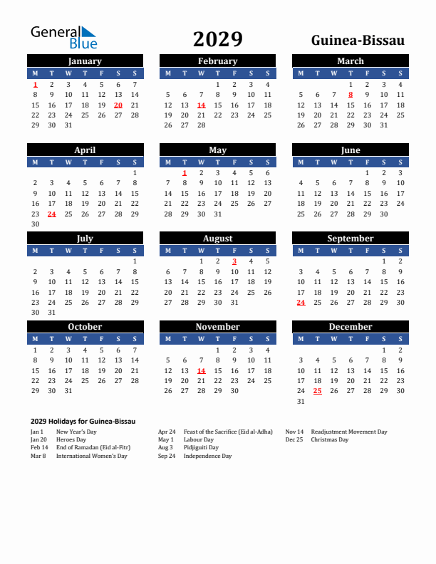 2029 Guinea-Bissau Holiday Calendar