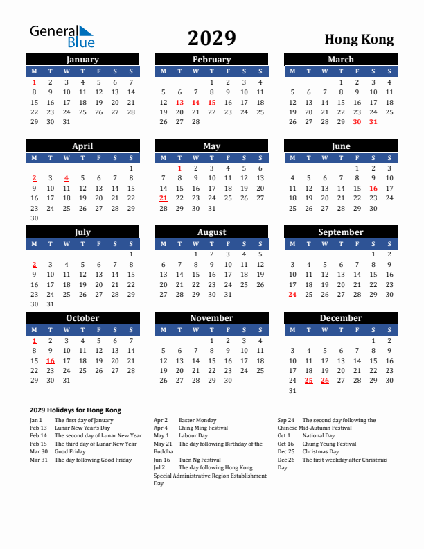 2029 Hong Kong Holiday Calendar