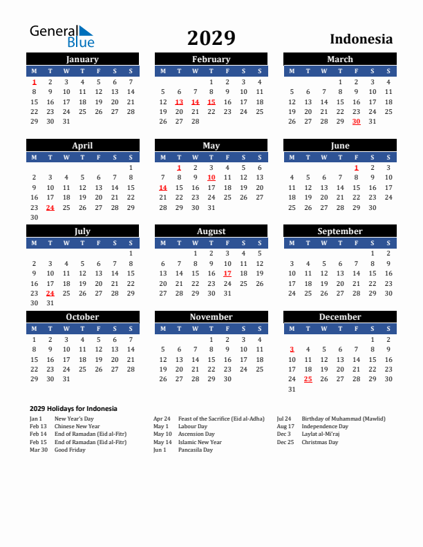 2029 Indonesia Holiday Calendar