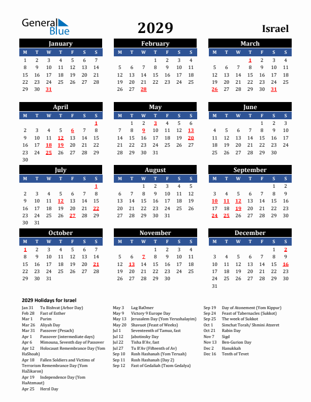 2029 Israel Holiday Calendar