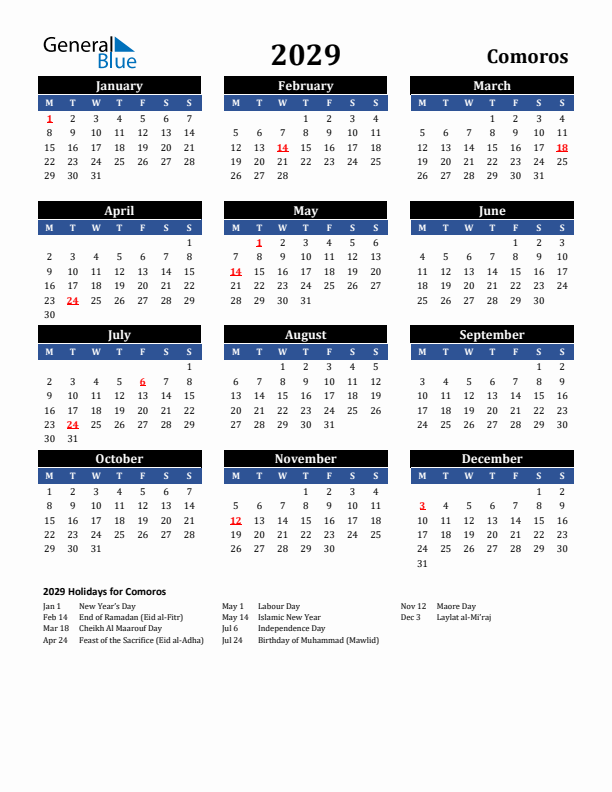 2029 Comoros Holiday Calendar