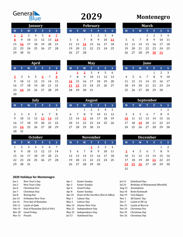 2029 Montenegro Holiday Calendar