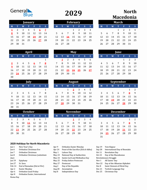 2029 North Macedonia Holiday Calendar