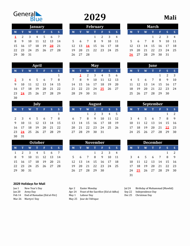 2029 Mali Holiday Calendar