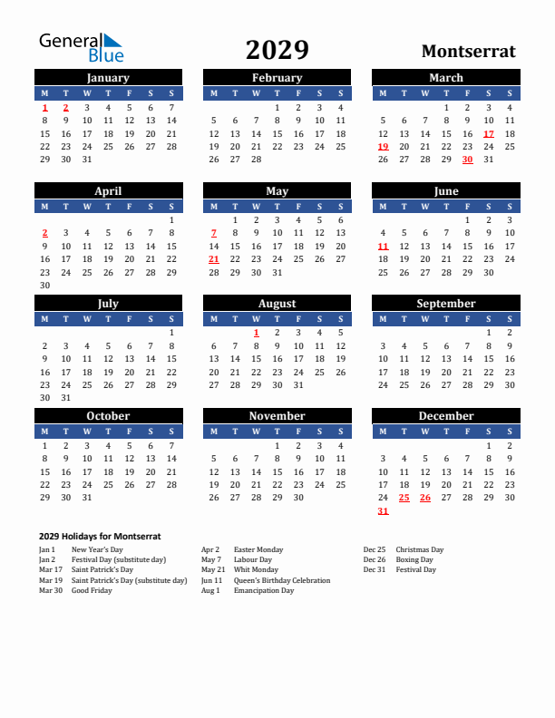2029 Montserrat Holiday Calendar