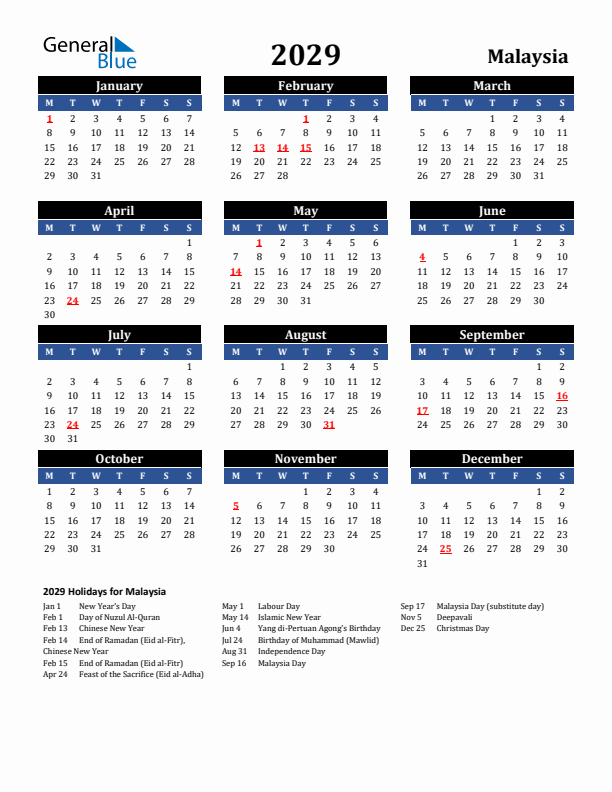 2029 Malaysia Holiday Calendar