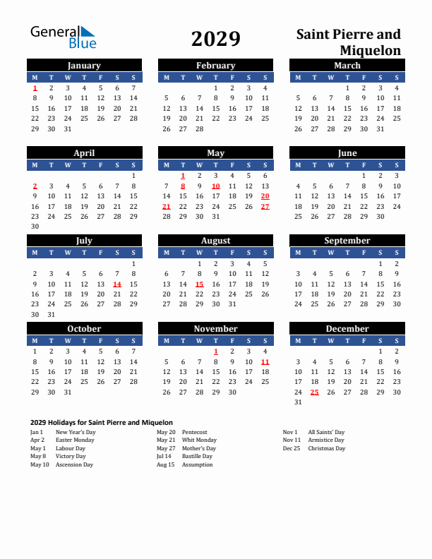 2029 Saint Pierre and Miquelon Holiday Calendar