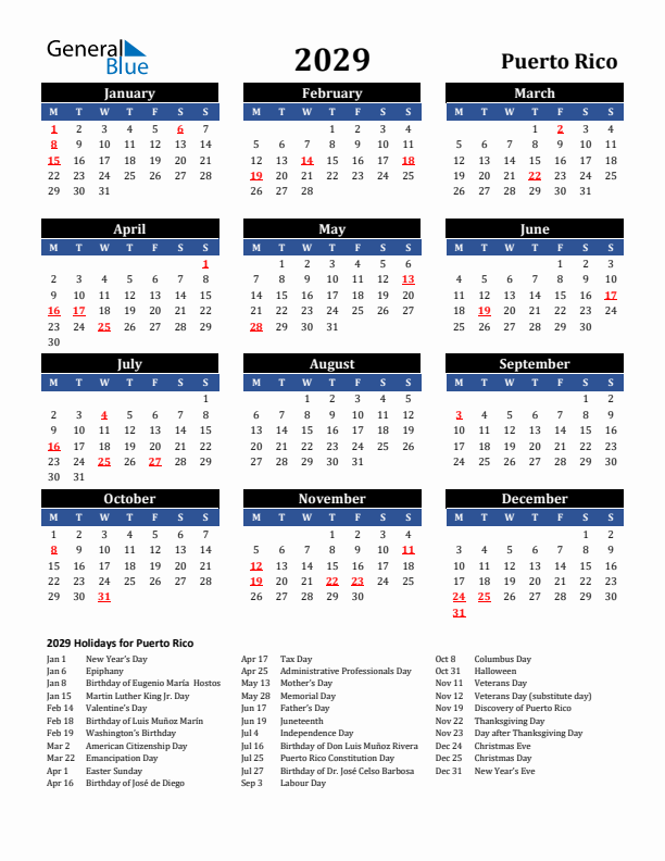 2029 Puerto Rico Holiday Calendar