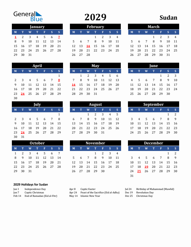 2029 Sudan Holiday Calendar