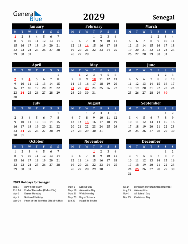 2029 Senegal Holiday Calendar