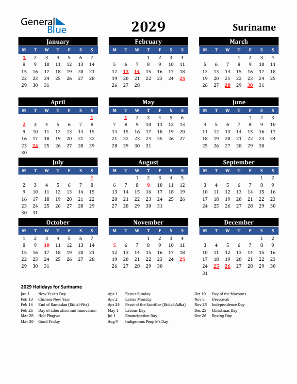 2029 Suriname Holiday Calendar