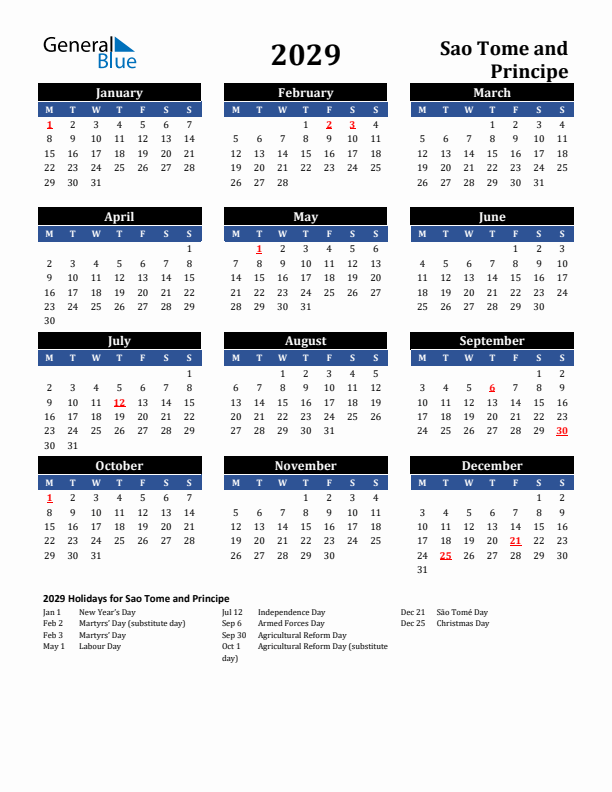 2029 Sao Tome and Principe Holiday Calendar