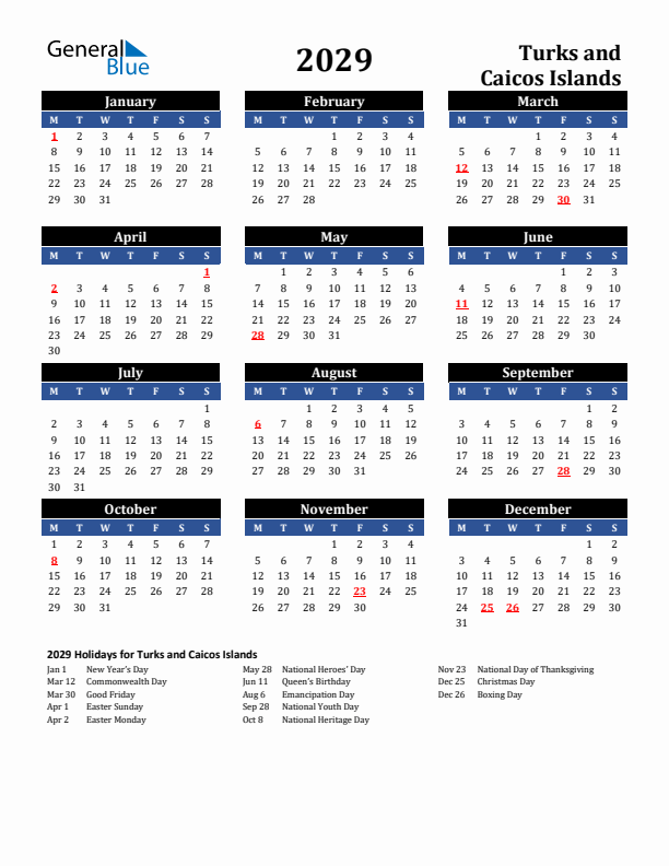 2029 Turks and Caicos Islands Holiday Calendar