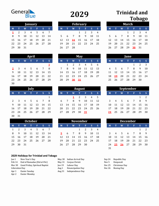 2029 Trinidad and Tobago Holiday Calendar