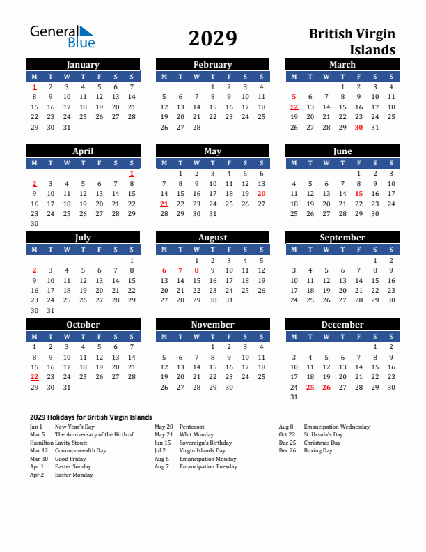 2029 British Virgin Islands Holiday Calendar