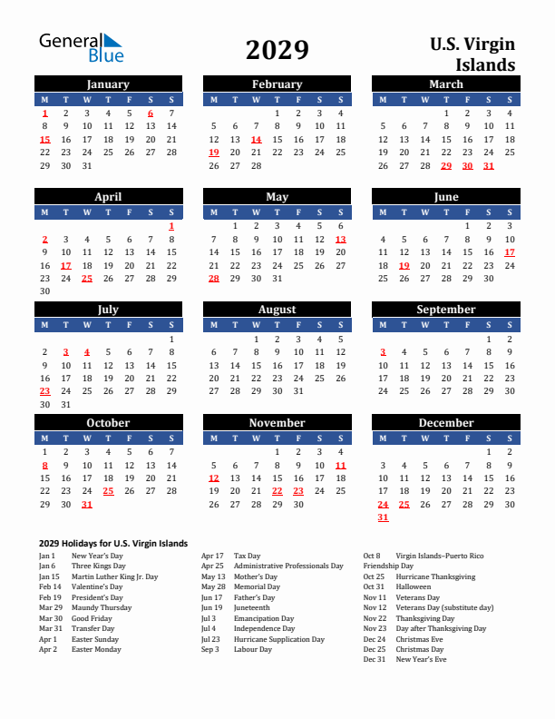 2029 U.S. Virgin Islands Holiday Calendar
