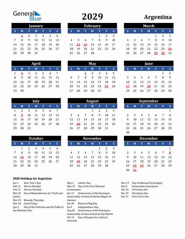 2029 Argentina Holiday Calendar