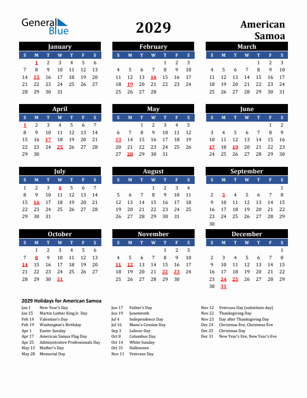 2029 American Samoa Holiday Calendar