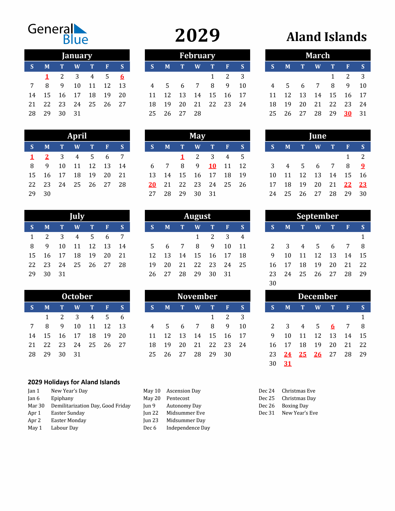 2029 Aland Islands Holiday Calendar