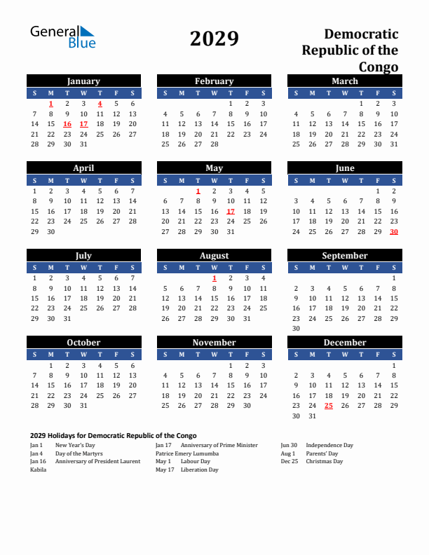 2029 Democratic Republic of the Congo Holiday Calendar