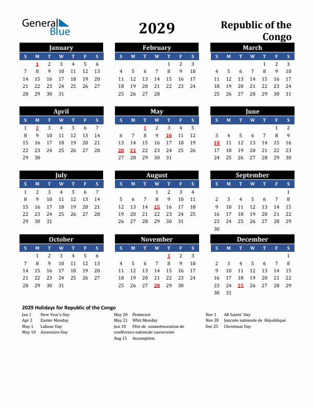 2029 Republic of the Congo Holiday Calendar