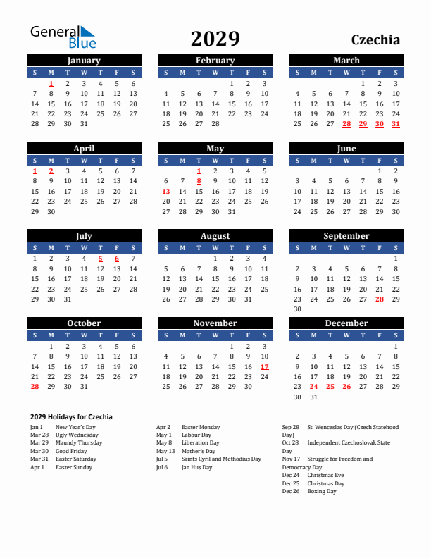 2029 Czechia Holiday Calendar