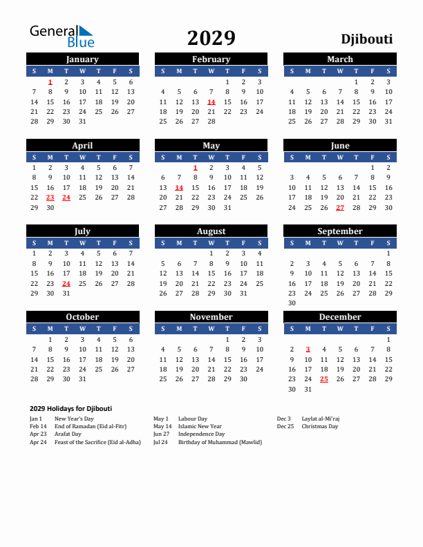 2029 Djibouti Holiday Calendar