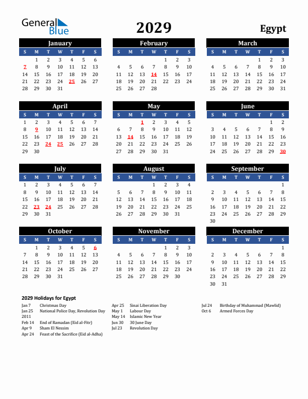 2029 Egypt Holiday Calendar