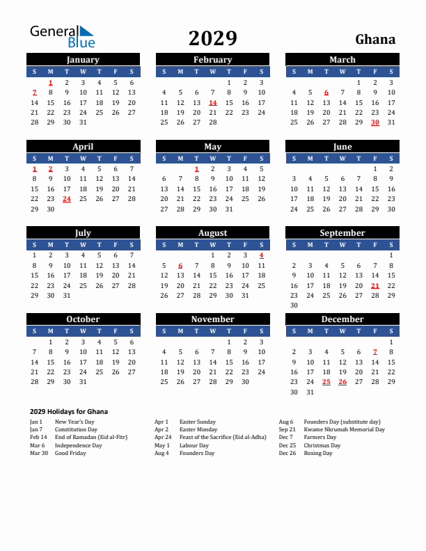 2029 Ghana Holiday Calendar