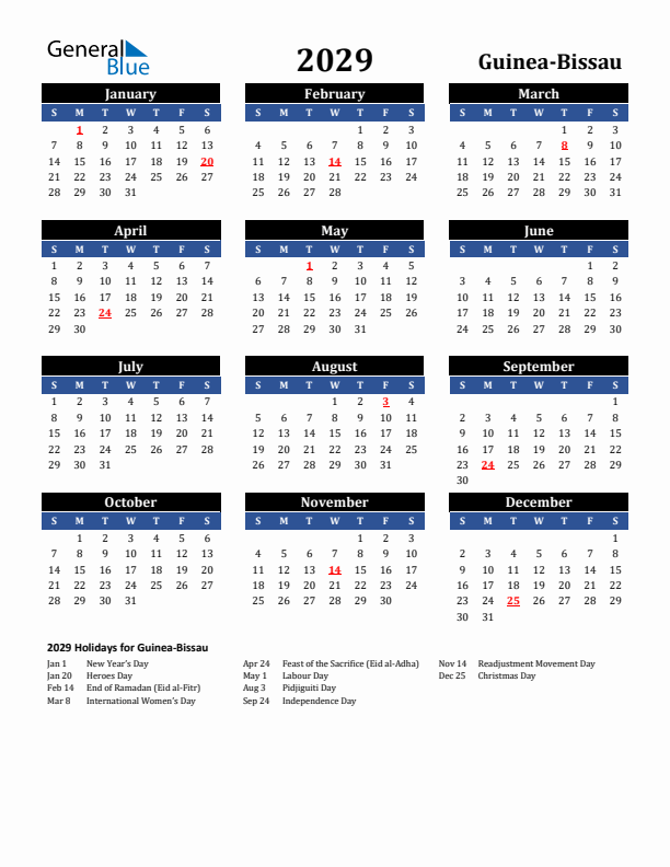2029 Guinea-Bissau Holiday Calendar