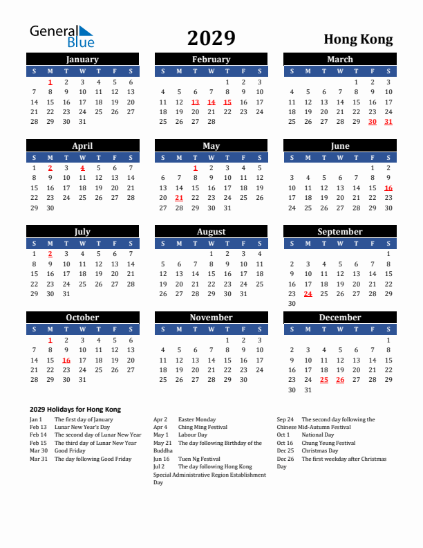 2029 Hong Kong Holiday Calendar